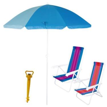Imagem de Kit 2 Cadeiras De Praia 4 Posicoes + Guarda Sol + Saca Areia Amarelo