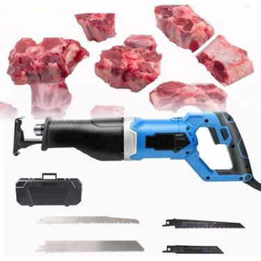 Imagem de Serra sabre elétrica, serra de osso portátil, serra de açougueiro profissional para cortar carne congelada, serra alternativa portátil para metal, madeira, com 4 lâminas de serra, azul, 1300