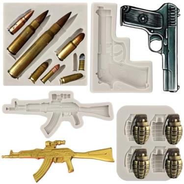 Imagem de Sijiangmold Moldes de silicone pistola metralhadora molde de fondant bala moldes de silicone para cupcake decoração de bolo chocolate doce polímero argila goma conjunto de 4