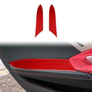 Imagem de 2 peças painel de corrimão interno de porta de automóvel preto e vermelho cor fibra de carbono decoração compatível com chevrolet corvette c8 2020-2024 acessórios para carro(Red Carbon Fiber)