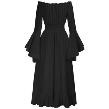 Imagem de Masbird Vestido medieval feminino Renascentista Faire fantasia feminina ombro de fora manga sino vestido alto baixo roupas renascentistas, Preto, XGG