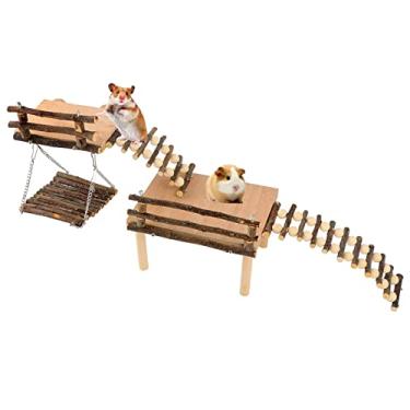 Imagem de Brinquedos de escalada de hamster DIY plataforma de jogo de madeira natural com balanço de madeira de maçã hamster playground com 2 plataformas, 2 pontes brinquedos para mastigar animais pequenos para