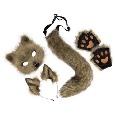 Imagem de Fiocias Máscara E Cauda Therian Linda Máscara de Gato Peludo para Festa de Halloween Feriado Aniversário, Amarelo Palha