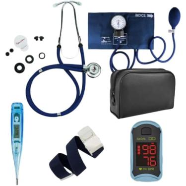 Imagem de Kit Enfermagem Acadêmico Com Estojo Completo Premium Azul - Estetoscópio, Esfigmomanômetro, Oxímetro, Termômetro e Garrote. Fundamentos Medicina