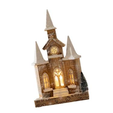 Imagem de Kokiya Igreja iluminada de madeira de Natal em miniatura com cena de neve de Natal 44x25cm enfeite de mesa para sala de estudo, mesa de centro