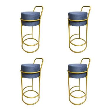 Imagem de Kit 4 Banquetas Alta Redonda Base Dourada Veludo - Cinza - CONCEPT EST