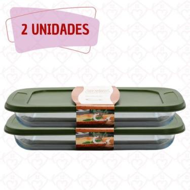 Imagem de  Conj 2 Travessa Refratária Vidro Retang 1,6L Tampa Silicone - CasaVit