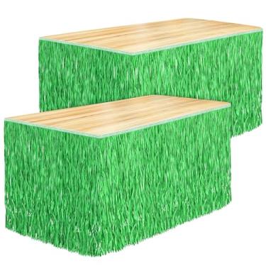 Imagem de Fovths 2 pacotes de saia de mesa de grama luau de papel com franja de palha e grama 267 x 76 cm, saias de mesa havaianas de hibisco, retangulares, decorações de festa de luau tropicais para decorações