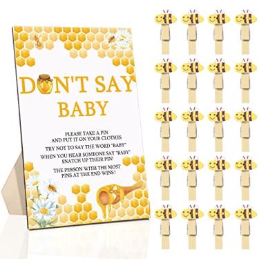 Imagem de Unittype 51 peças de lembrancinhas de jogo Don't Say Baby Tea incluem placa de chá de bebê com tema de abelha e 50 mini prendedores de roupa de abelha para meninos e meninas artigos de festa revelados