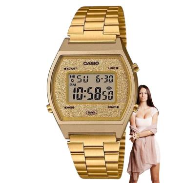 Imagem de Relógio Feminino Casio Digital Vintage Digital Pequeno Resistente Àgua Aço Inóx Brilho Glitter Casual Dourado B640WGG-9DF