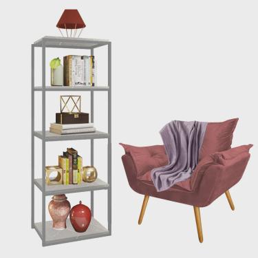 Imagem de Kit Poltrona Fatte com Manta Soft Lilás e Estante Livreiro Ferro Cinza mdf Marmorizado Cinza Suede Rose Gold - Ahazzo Móveis