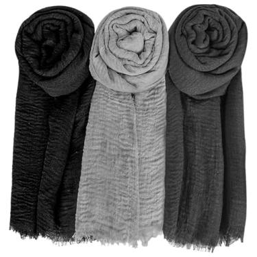 Imagem de Cachecol de algodão feminino, 3 peças 180 x 89 cm, cachecol vintage enrugado com bordas com franjas, cachecol longo lavável para mulheres, casual, praia, viagem, exterior
