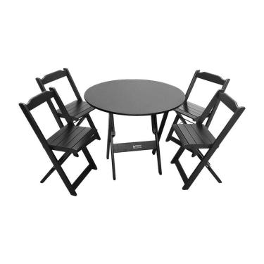 Imagem de Mesa Dobrável De Madeira Redonda 90cm Com 4 Cadeiras Preta - Tarimatã