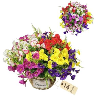 Imagem de herfate 14 pacotes de flores artificiais de seda para decoração interna e externa, glória matinal colorida sintética com eucalipto, resistente a UV, flores falsas realistas para plantador de casa