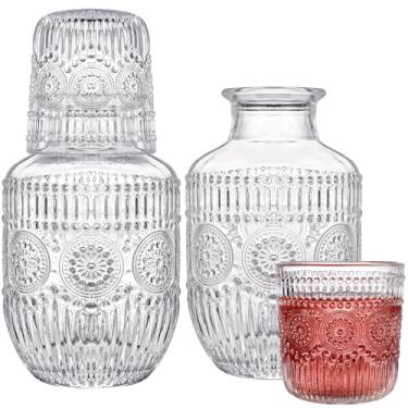 Imagem de Kingrol Conjunto de jarra e copo de cabeceira de vidro de 4 peças - jarra de água de 510 g e copo de 142 g, jarra de cabeceira elegante com tampa de vidro para quarto, quarto de hóspedes, escritório e