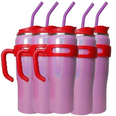 Imagem de Kit 5 Garrafa Térmica Grande 1,2 Litros com Canudo e Alça Removível em Aço Inox - Ideal para Bebida Quente e Gelada (Rosa com Vermelho)