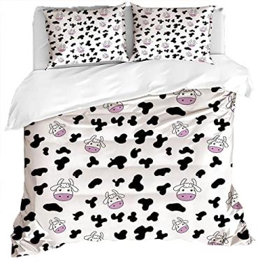 Imagem de Conjunto de capa de edredom com estampa de vaca, estampa de pele de vaca animal, desenho animado, criação agrícola, 3 peças, conjunto de edredons resistentes a manchas, (completo) preto