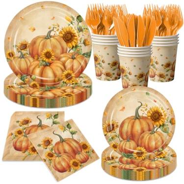 Imagem de Pratos e guardanapos vintage para festa de abóbora de outono, 144 peças, artigos de festa de Ação de Graças, vintage, utensílios de mesa de abóbora para chá de bebê de outono, decoração de aniversário