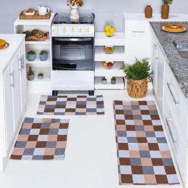 Imagem de Kit Passadeira Tapete Cozinha 3 Peças Jacquard Base Antiderrapante - Tabuleiro Avelã