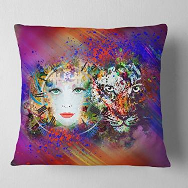 Imagem de Designart Manta abstrata colorida de tigre e mulher para sala de estar, sofá, enchimento de almofada de alta qualidade + capa de almofada impressa em ambos os lados 40,64 cm x 40,64 cm