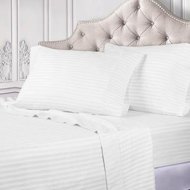 Imagem de Superior Jogo de lençol de cama de algodão egípcio 300 fios, 1 lençol elástico com bolso profundo, 1 lençol de cima, 2 fronhas, lençóis de uso diário, itens essenciais de casa de luxo, listrado