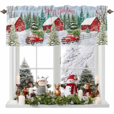 Imagem de Cortina de Natal para Janelas Feliz Natal Árvore de Natal Celeiro Vermelho Floresta de Inverno Sanefa com Bolso para Varão, Cortinas Curtas para Cozinha, Banheiro, Sala de Estar, Quarto, 137 cm x 45