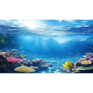 Imagem de Fundo de aquário sob o mar, cena subaquática, recifes de corais, fundo de aquário diversificado, vida marinha, luz solar, paisagem marítima, terrário, cenários tropicais submarinos 91 x 50 cm