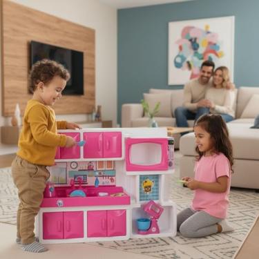 Imagem de Cozinha Infantil Rosa com Pia e Armário Brinquedo Educativo para Meninas Brincadeira de Casinha com Acessórios, Armário e Pia Completa