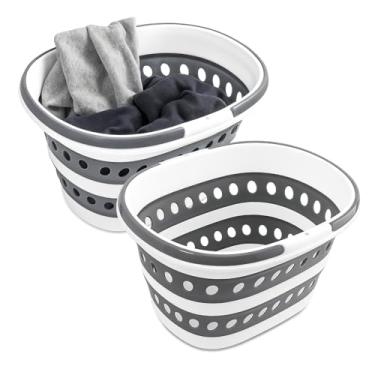 Imagem de 2 pacotes de cestos de roupa suja dobráveis com alças cesta de lavanderia resistente de 7,4 galões retangular pop up balde de roupa de silicone pequeno organizador de armazenamento portátil cesta