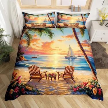 Imagem de Conjunto de capa de edredom tamanho king, folhas tropicais à beira-mar para viagem 3 peças, jogo de cama com céu do pôr do sol sonhador, 2 fronhas (sem edredom), capa de cama de verão e paisagem do