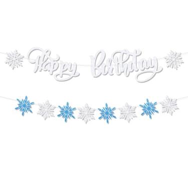 Imagem de 2 Peças Faixa de Aniversário de Inverno, Pré-Amarradas Faixas Flocos Neve Brilhantes em Azul Branco e Prata Penduradas Decoração Guirlanda Férias Inverno para Festa Aniversário