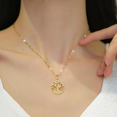 Imagem de Colar feminino banhado a ouro 14K - Colar de zircônia cúbica com pingente de árvore da vida incrustado delicado, hipoalergênico e não mancha, presente de aniversário de Natal personalizado, joia