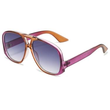 Imagem de Óculos de sol para mulheres, homens, aviador, retrô, quadrado, vintage, estilo anos 70, hastes baixas, Marrom roxo cinza dégradé, 59MM