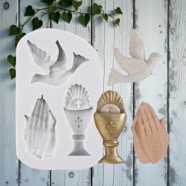 Imagem de Molde de silicone de comunhão moldes de fondant pomba mãos rezando molde de doces para decoração de bolos topo de cupcake pasta de goma de chocolate argila polímero