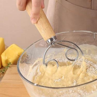 Imagem de Misturadores manuais, misturadores de massa, batedor de ovos, adequado para misturar massa e ovos, material de aço inoxidável de anel duplo, cabo de madeira, ferramenta de mistura de cozinha