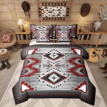 Imagem de Erosebridal Jogo de cama casal asteca ocidental para crianças, 7 peças, rústico, fazenda, para meninos, adolescentes, adultos, étnico americano, nativo, vintage, decoração de quarto, cinza e vermelho