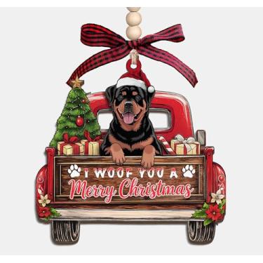 Imagem de Enfeite de madeira I Woof You A Merry Christmas - Caminhão de Natal com cachorro Rottweiler 3 camadas, enfeite de lembrança de madeira, presentes para mulheres, homens, amantes de animais de estimação