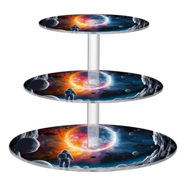 Imagem de Blueangle Suporte de cupcake redondo de 3 camadas – Torre de sobremesa de acrílico da caverna do astronauta, suporte de sobremesa em camadas antiderrapante para chá de bebê, aniversário, festa de