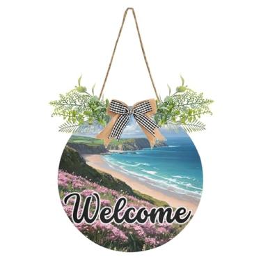 Imagem de SEHANY Placa de boas-vindas de flores e mar, decoração de porta da frente, guirlanda de boas-vindas redonda para decoração de casa de fazenda, varanda e pátio, 30 x 30 cm