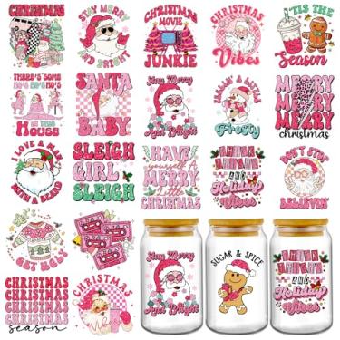 Imagem de Adesivos DTF UV de Natal - 20 folhas rosa Papai Noel UV DTF Cup Wraps para copo de 590 ml, adesivo de transferência de sublimação de boneco de neve fofo boneco de neve para decoração de garrafa de