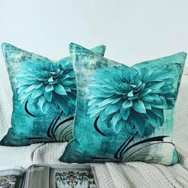 Imagem de OYIMUA Capas de almofada decorativas macias de chenille azul-petróleo e cinza, conjunto de 20 x 20 fronhas de flores abstratas vintage para sofá, quarto, sala de estar, decoração de casa, almofadas de