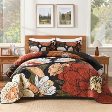 Imagem de Andency Conjunto de cama floral Boho Super King tamanho grande, preto, 3 colchas botânicas de verão com flores de fazenda, com 2 fronhas, conjunto de colcha de microfibra macia reversível para todas