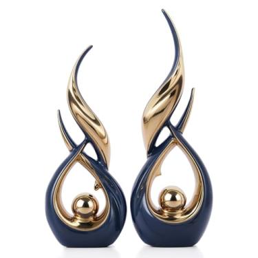 Imagem de 2 peças de estátuas de cerâmica ouro azul para decoração de casa, esculturas de arte abstrata moderna, objetos decorativos de mesa elegantes para sala de jantar, entrada, suporte de TV, cornija, mesa