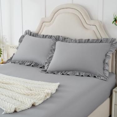 Imagem de Homiest Conjunto de 3 peças de fronhas e lençol com elástico, King cinza com 2 fronhas com babados, bolso profundo de 38 cm, jogo de cama de microfibra fofo e coquete para decoração de quarto de hotel