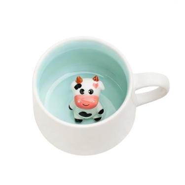Imagem de HS&ROXIN Caneca fofa de vaca 340 g 3D estatueta de animal dentro caneca feita à mão novidade xícara de café de cerâmica presente de aniversário para crianças, meninos, meninas, homens, mulheres (vaca
