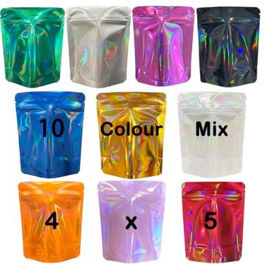 Imagem de YINGZON Pacote com 100 sacos Mylar premium à prova de cheiro, sacos de armazenamento resseláveis mistos de 10 cores com impressão holográfica dupla face, sacos de embalagem de alumínio de 12,7 x 10 cm