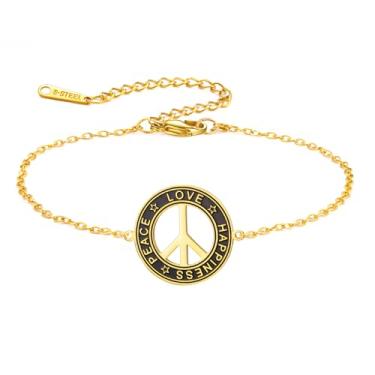 Imagem de TEAMER Pulseira ajustável com símbolo de sinal de paz de aço inoxidável pulseira de paz amor felicidade joia hippie para mulheres, One Size, Aço inoxidável, Sem Pedra Preciosa