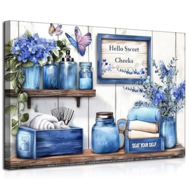 Imagem de Arte de parede azul marinho casa de banho casa de banho flores azuis e borboletas pintura imagem decoração de parede pôster impressão arte banheiro banheiro banheiro decoração de casa