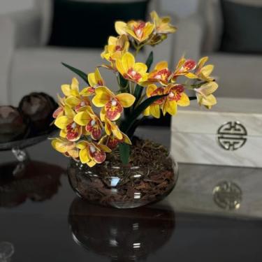 Imagem de Arranjo de Orquídea Artificial em Vaso de Vidro Decorativo para Sala, Lavabo e Escritório(Cymbidium Amarela)