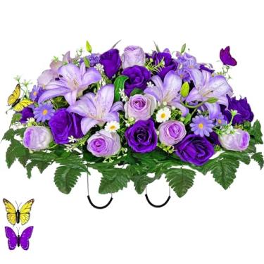 Imagem de MUVIC Flor de cemitério artificial para sepultura, lápide - Margarida rosa lírio, ajuste fácil